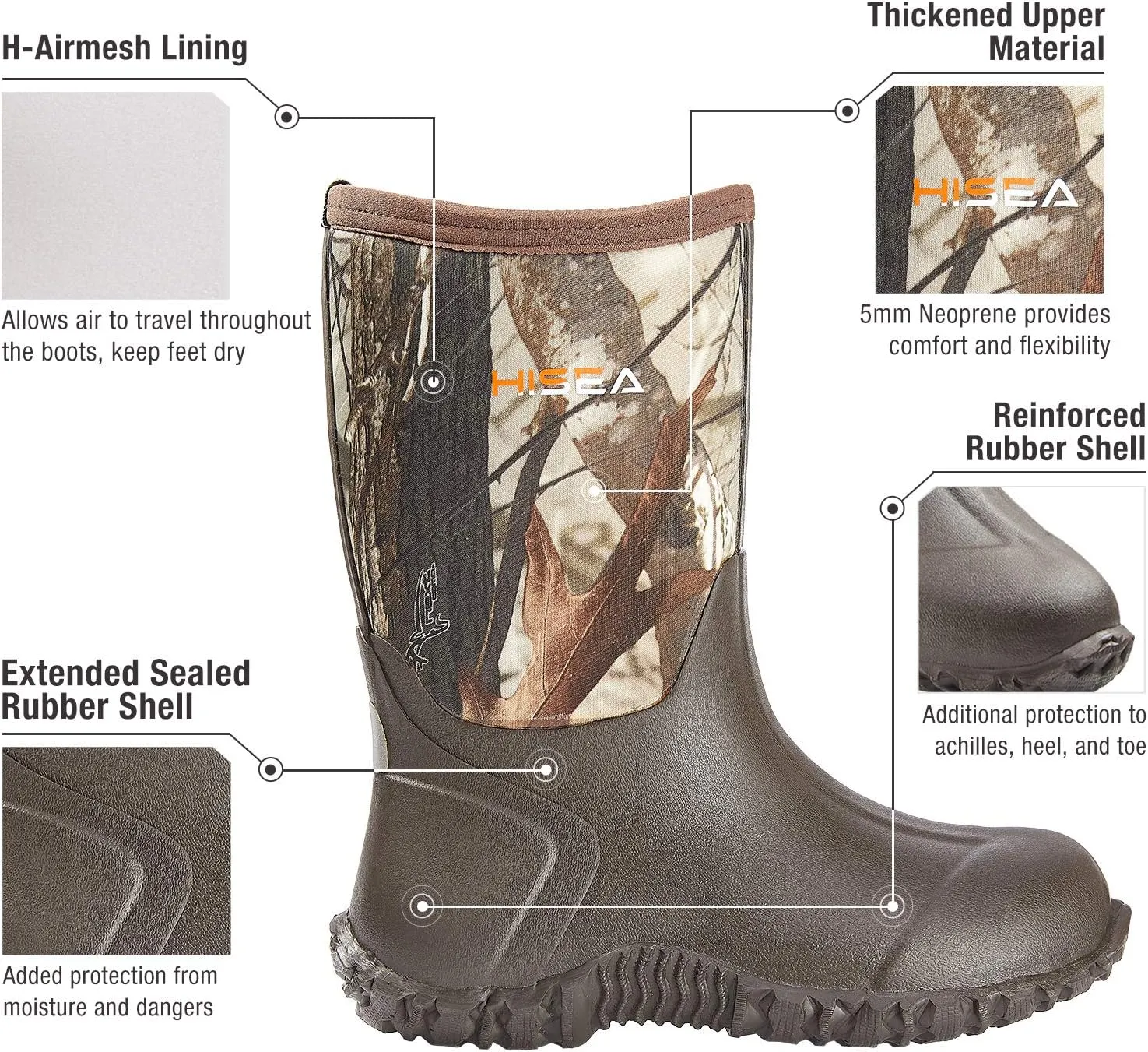 HISEA Kids Rain Boots Waterproof Neoprene Rubber Mud Boots Youth Rainboots Mid Calf Rain Shoes for Toddlers Kid Children Boys & Girls