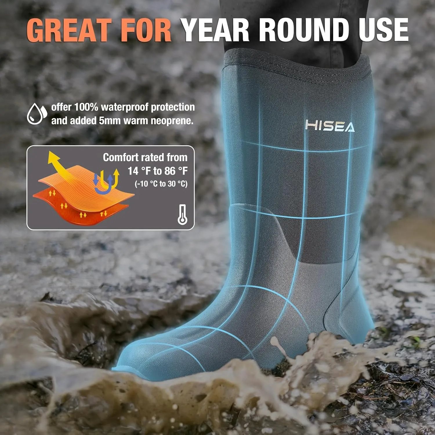 HISEA Kids Rain Boots Waterproof Neoprene Rubber Mud Boots Youth Rainboots Mid Calf Rain Shoes for Toddlers Kid Children Boys & Girls