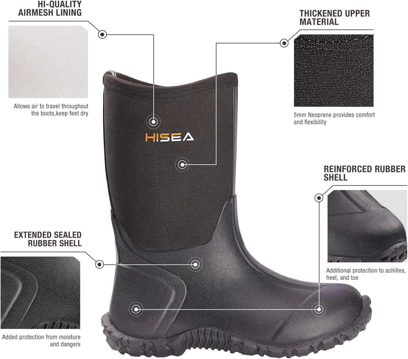 HISEA Kids Rain Boots Waterproof Neoprene Rubber Mud Boots Youth Rainboots Mid Calf Rain Shoes for Toddlers Kid Children Boys & Girls