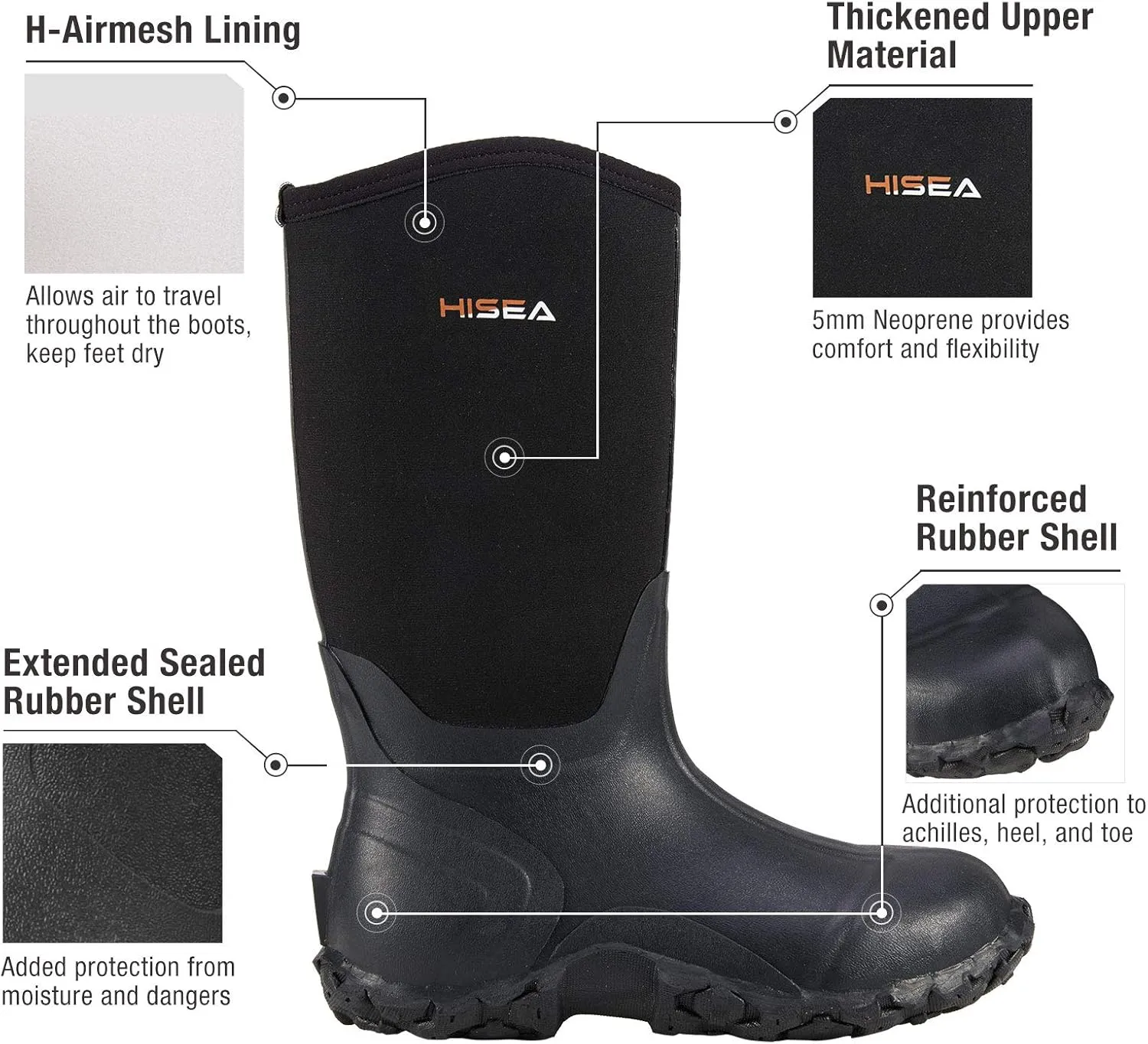 HISEA Men's Rain Boots Neoprene Rubber Boots Waterproof Insulated Mud Boots Mid Height Garden Shoes