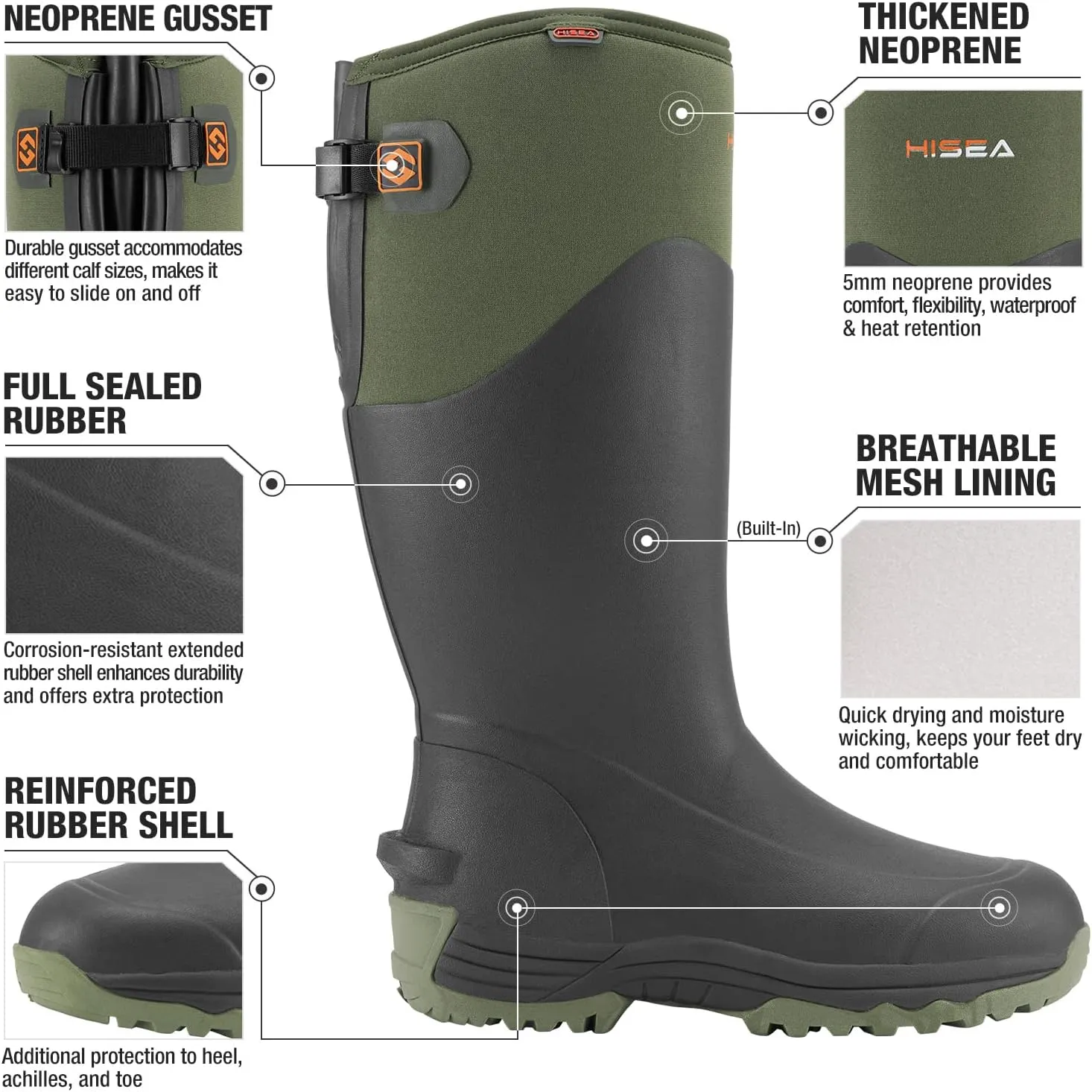 HISEA Rubber Rain Boots for Men, Waterproof Insulated Neoprene Hunting Boots, Durable Anti-Slip Outdoor Mud Boots for Hunting Gardening Farming Fishing Yard Working, Adjustable Calf