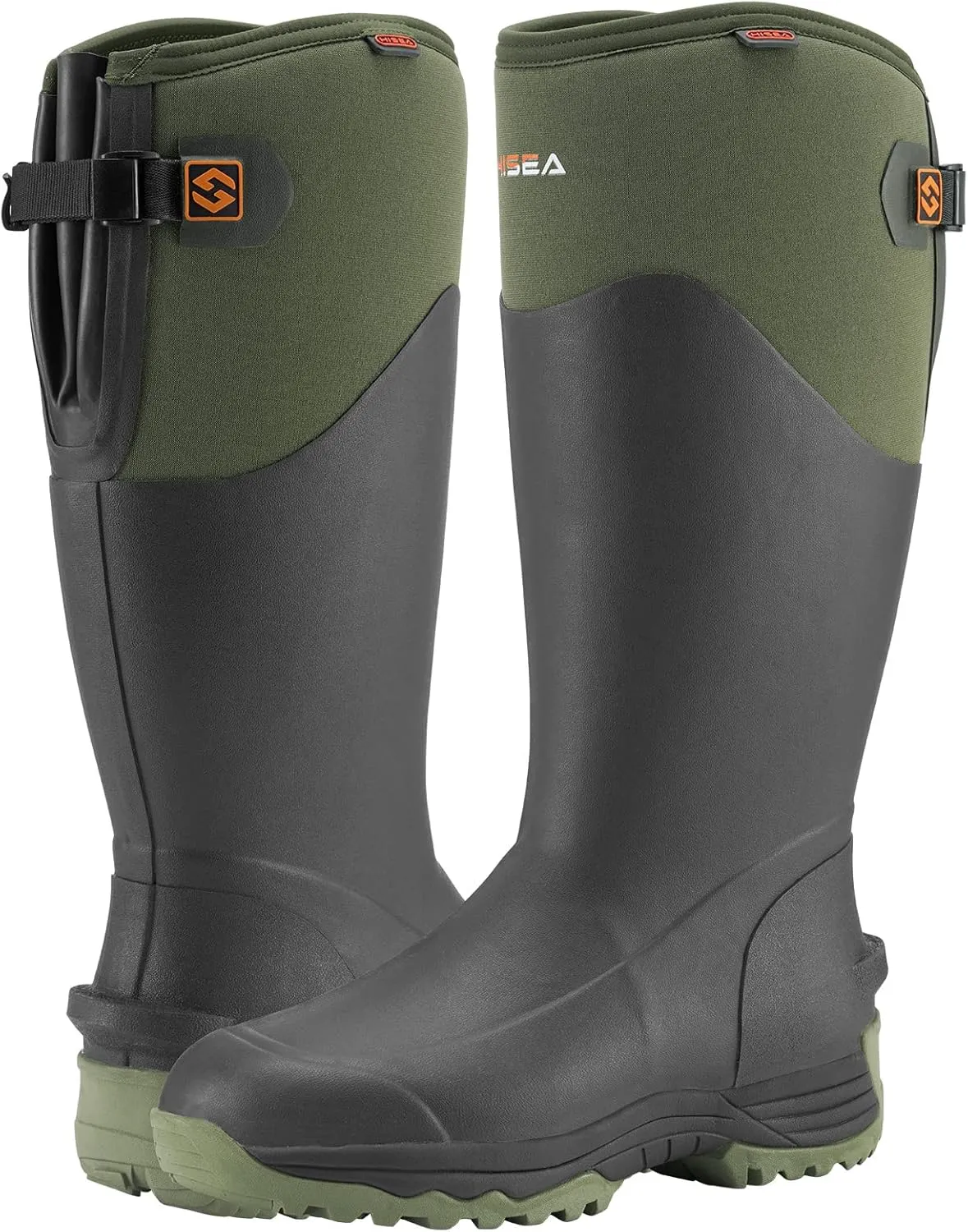 HISEA Rubber Rain Boots for Men, Waterproof Insulated Neoprene Hunting Boots, Durable Anti-Slip Outdoor Mud Boots for Hunting Gardening Farming Fishing Yard Working, Adjustable Calf
