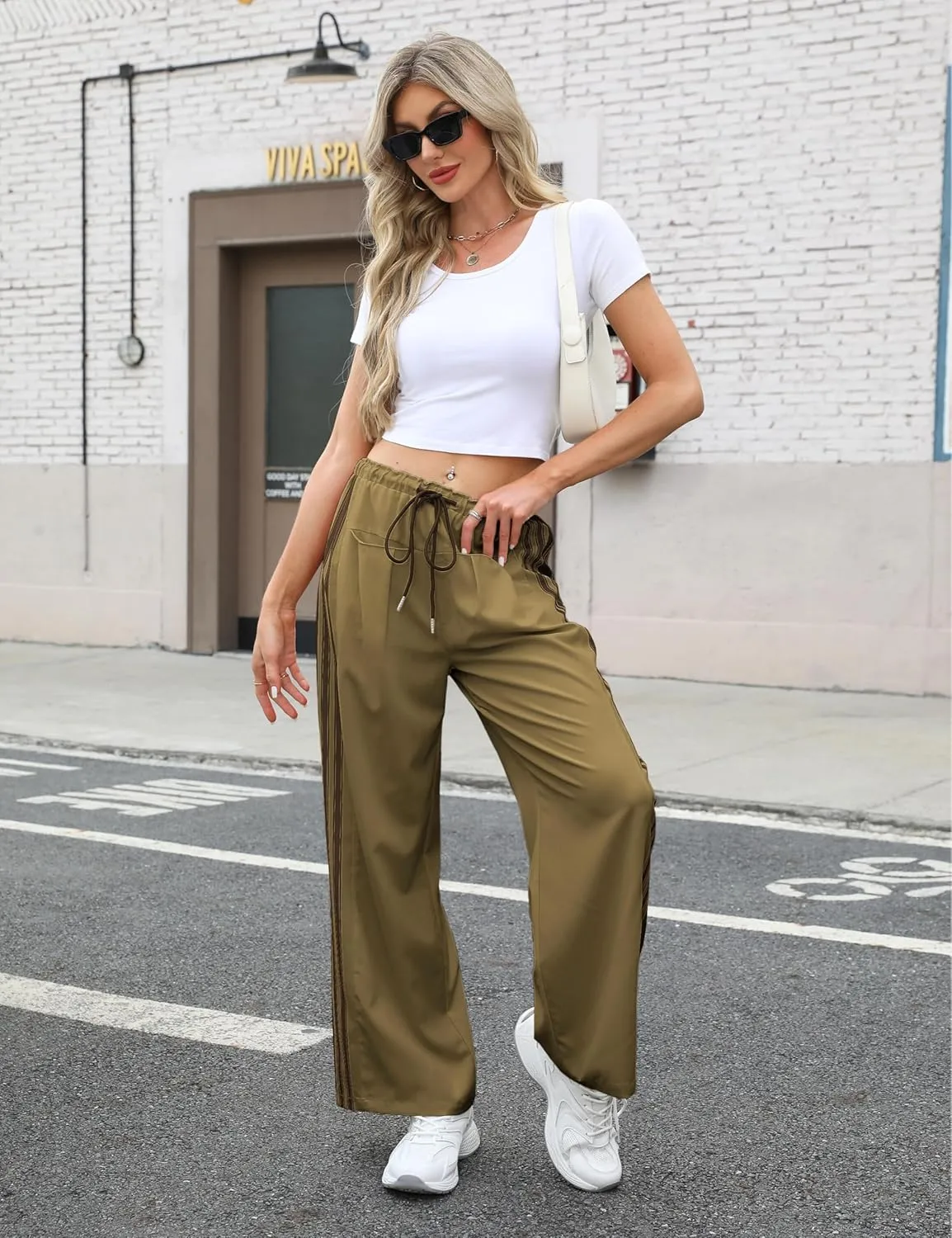 Hongsui Women's Wide Leg Pants Drawstring High Rise Side Striped Slouchy Palazzo Pants with Pockets
