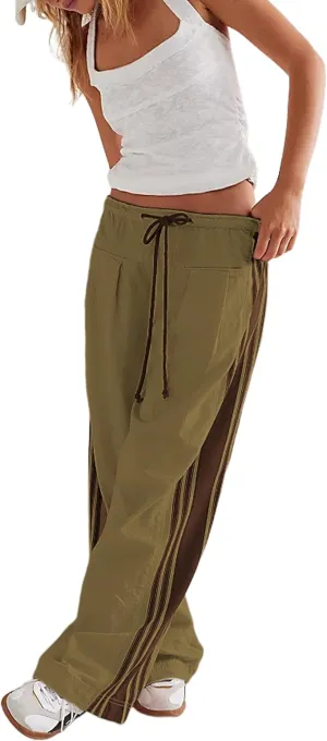 Hongsui Women's Wide Leg Pants Drawstring High Rise Side Striped Slouchy Palazzo Pants with Pockets