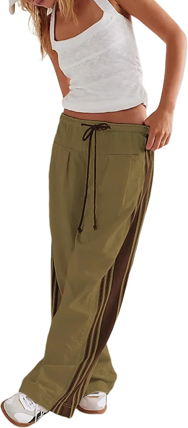 Hongsui Women's Wide Leg Pants Drawstring High Rise Side Striped Slouchy Palazzo Pants with Pockets