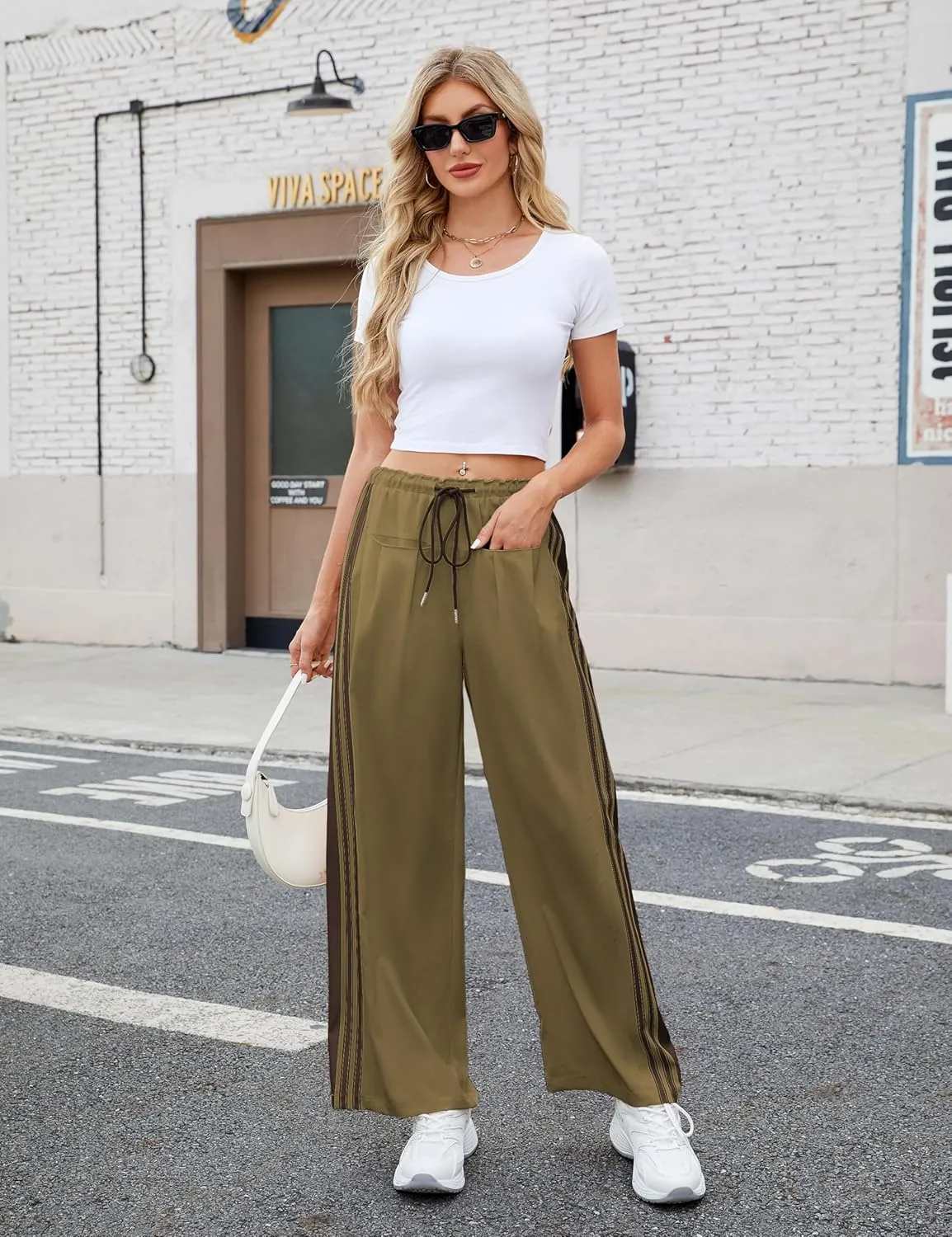 Hongsui Women's Wide Leg Pants Drawstring High Rise Side Striped Slouchy Palazzo Pants with Pockets