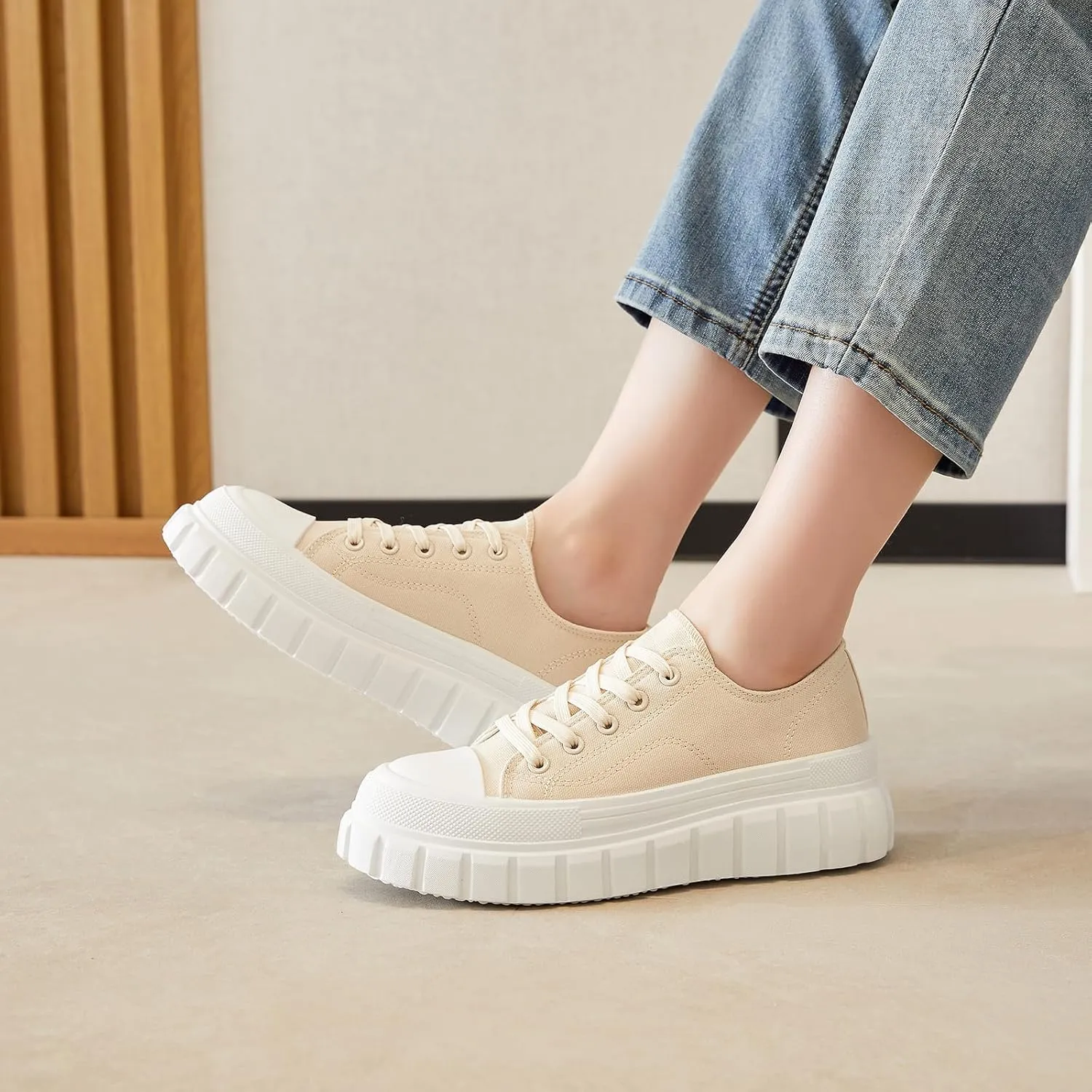 HYPOCRUTE Platform Sneakers for Women Low Top Canvas Shoes Womens Lace Up Platform Shoes Casual Walking Shoes for Women