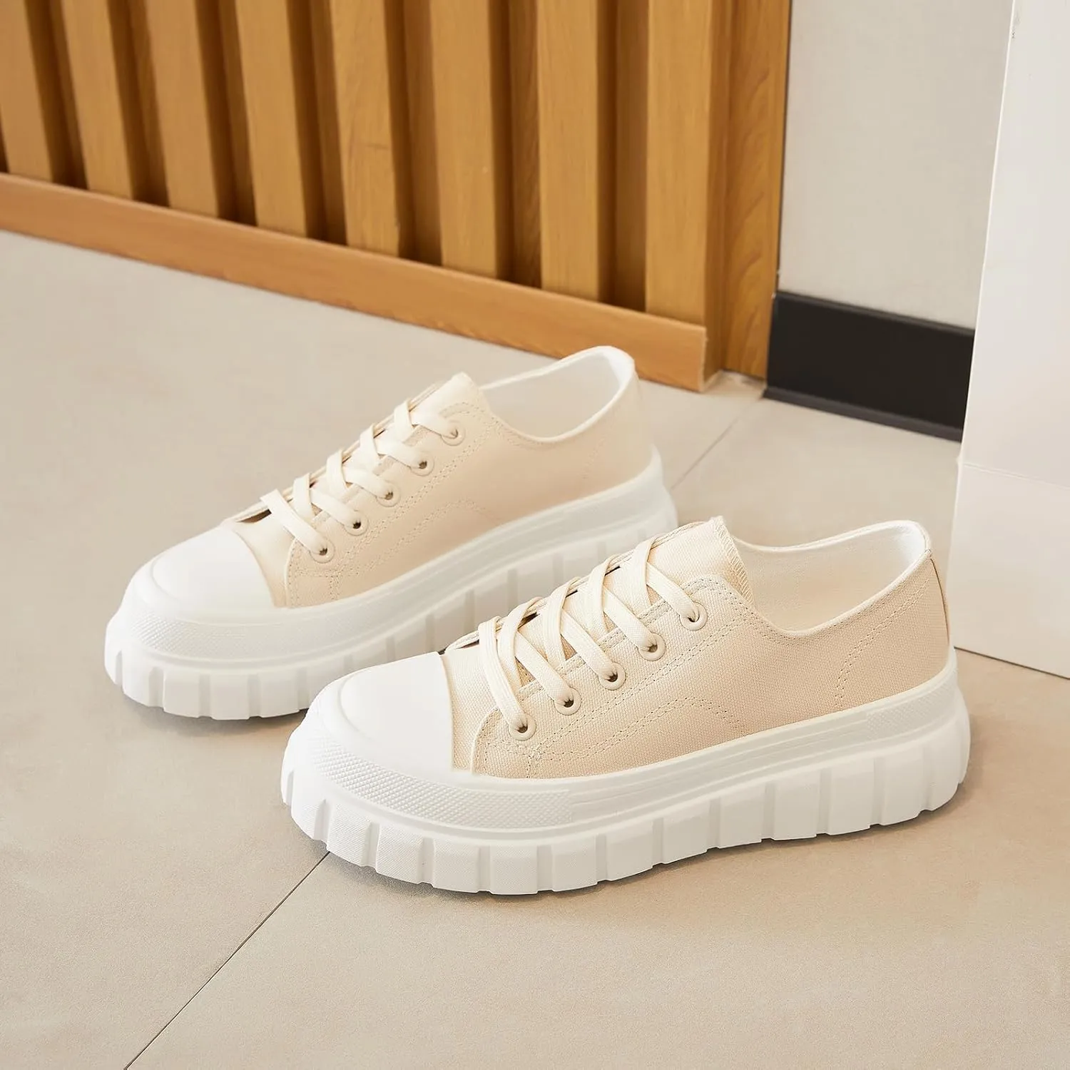 HYPOCRUTE Platform Sneakers for Women Low Top Canvas Shoes Womens Lace Up Platform Shoes Casual Walking Shoes for Women