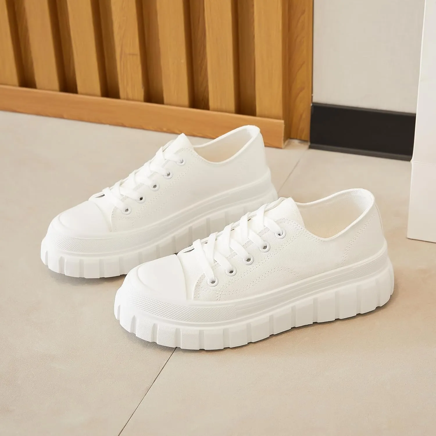 HYPOCRUTE Platform Sneakers for Women Low Top Canvas Shoes Womens Lace Up Platform Shoes Casual Walking Shoes for Women