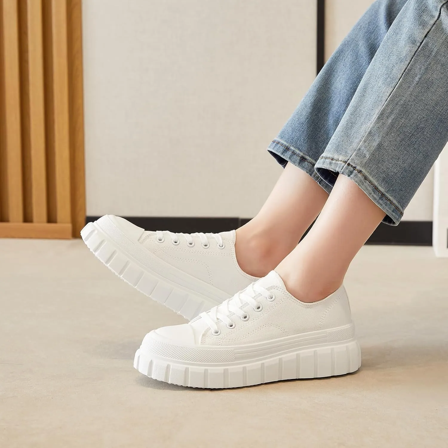 HYPOCRUTE Platform Sneakers for Women Low Top Canvas Shoes Womens Lace Up Platform Shoes Casual Walking Shoes for Women