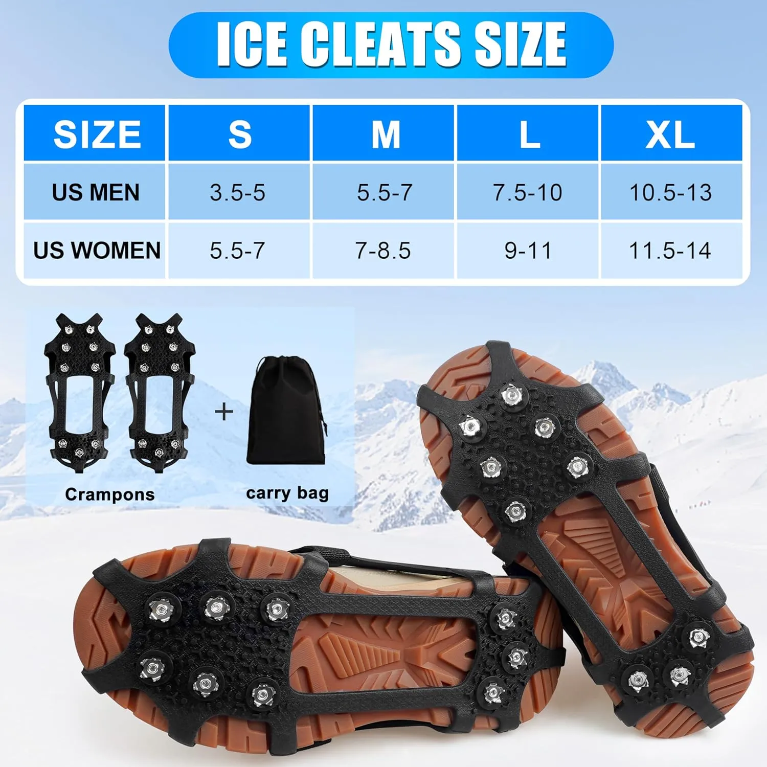 Ice Cleats for Shoes and Boots - Snow Traction Cleats Non Slip Crampons Ice Grippers for Women Men Kids Winter Walking Hiking Climbing