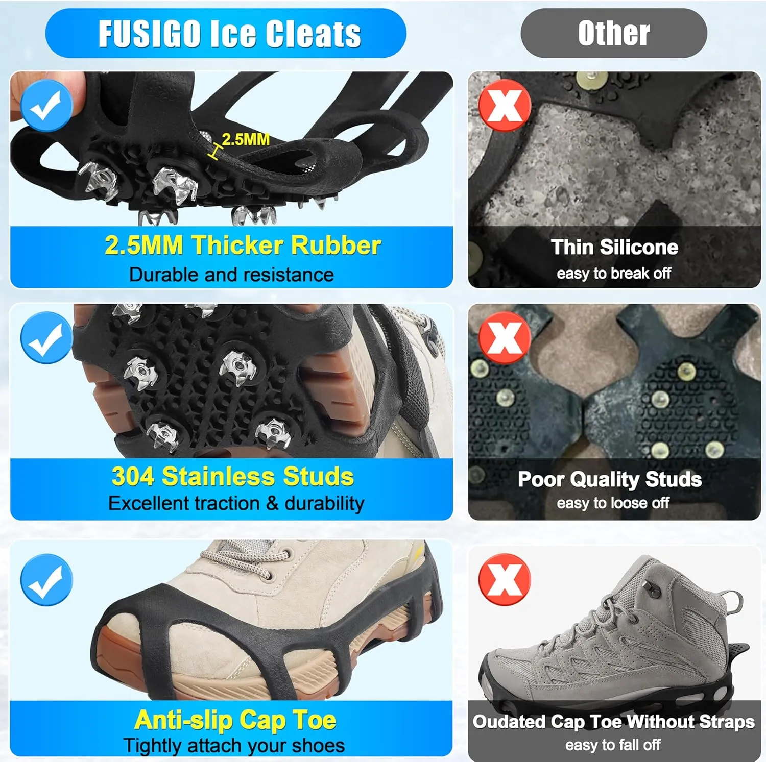 Ice Cleats for Shoes and Boots - Snow Traction Cleats Non Slip Crampons Ice Grippers for Women Men Kids Winter Walking Hiking Climbing