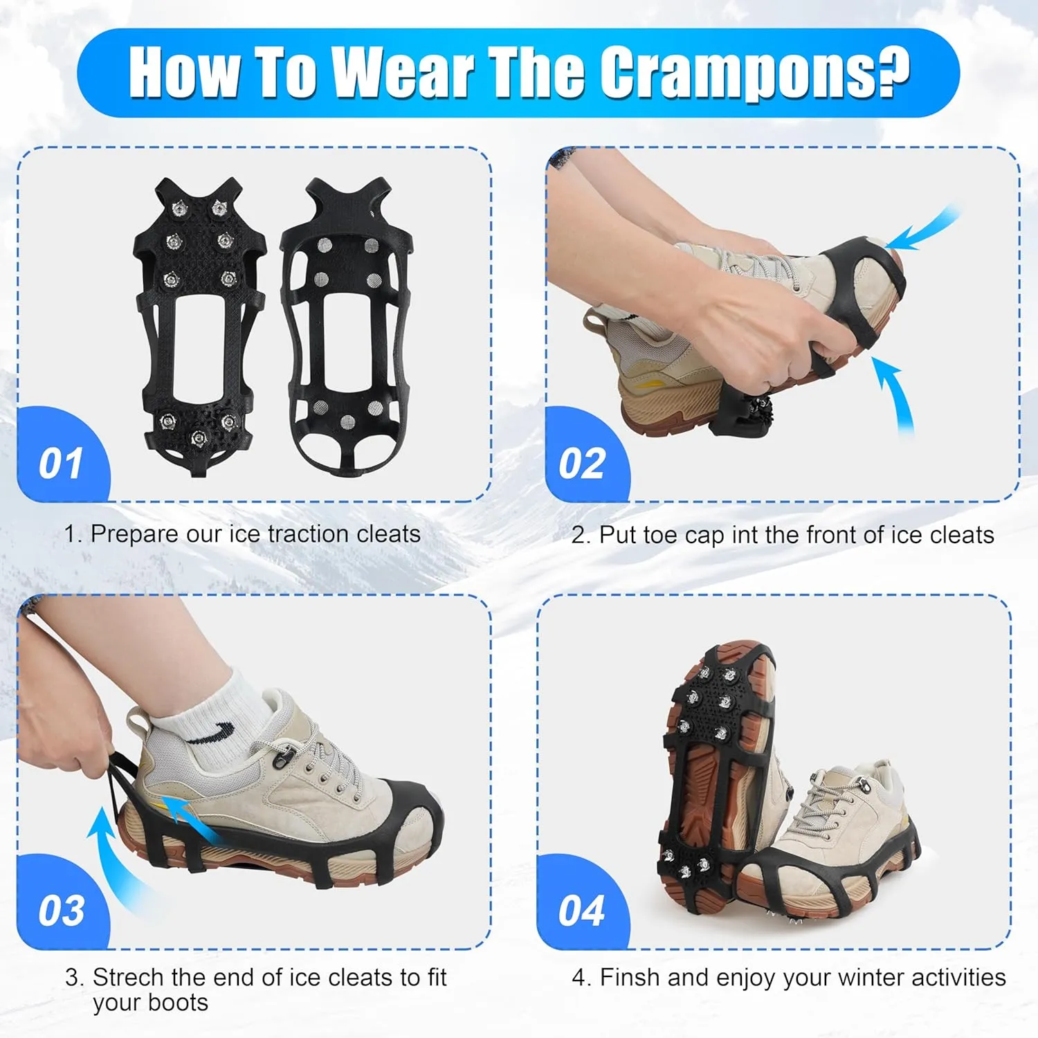 Ice Cleats for Shoes and Boots - Snow Traction Cleats Non Slip Crampons Ice Grippers for Women Men Kids Winter Walking Hiking Climbing