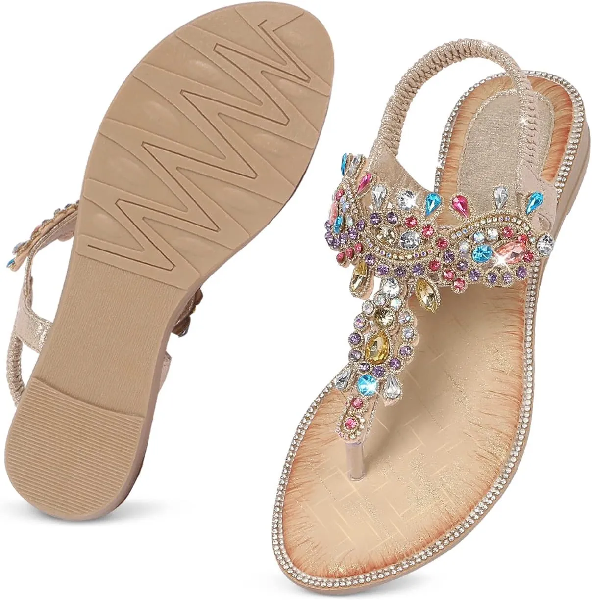 iCKER Women Rhinestone Sandals T-Strap Buckle Bohemian Pearl Crystal Flat Sandals
