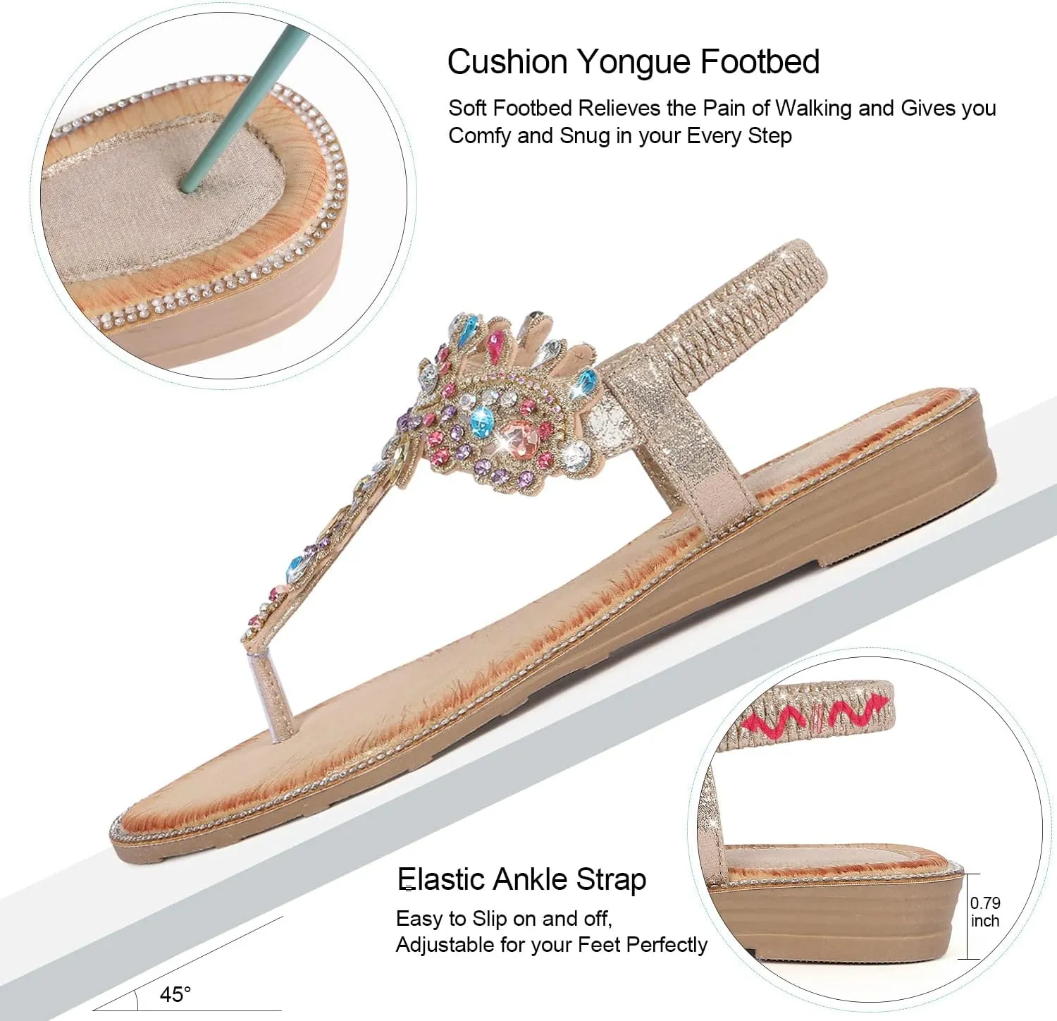 iCKER Women Rhinestone Sandals T-Strap Buckle Bohemian Pearl Crystal Flat Sandals