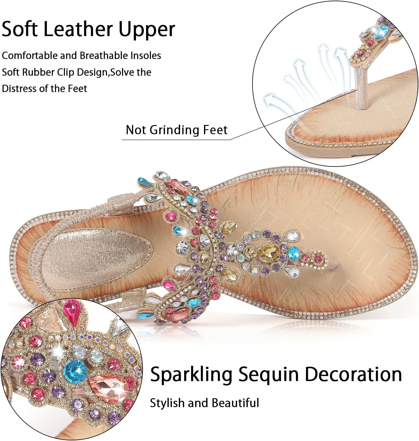 iCKER Women Rhinestone Sandals T-Strap Buckle Bohemian Pearl Crystal Flat Sandals