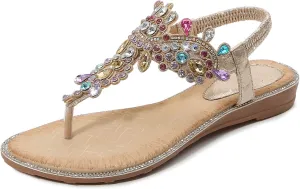 iCKER Women Rhinestone Sandals T-Strap Buckle Bohemian Pearl Crystal Flat Sandals