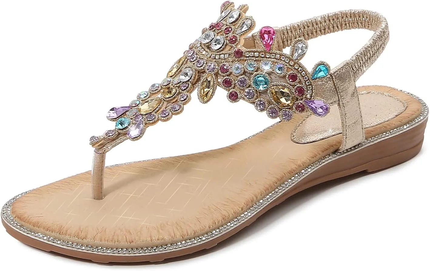 iCKER Women Rhinestone Sandals T-Strap Buckle Bohemian Pearl Crystal Flat Sandals