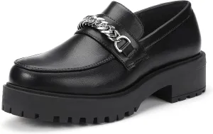 IDIFU IN2 Platform Loafers for Women with Chain Chunky Heel Penny Loafers Comfortable Round Toe Dress Shoes Work Office Business Dressy Fashion Casual Slip On Lug Sole Loafers Shoes