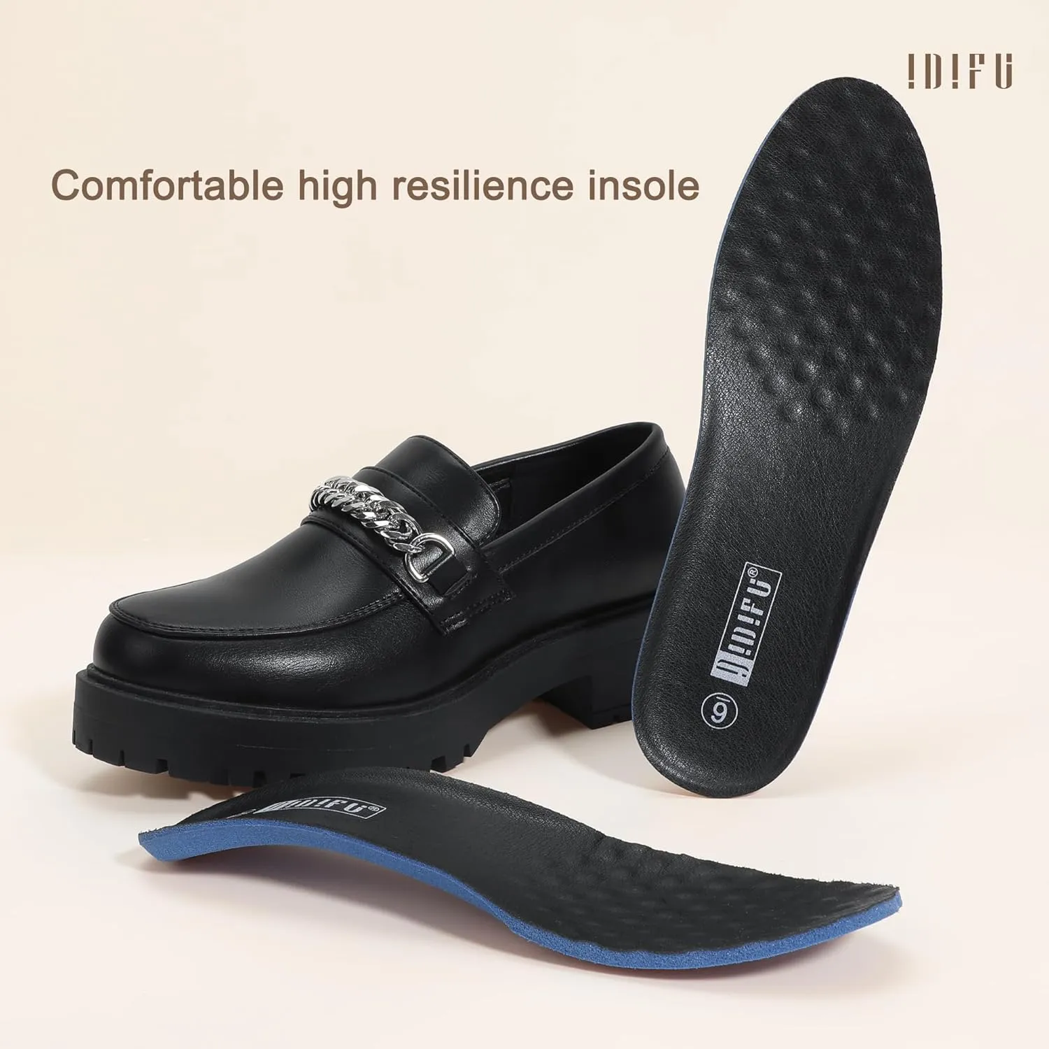 IDIFU IN2 Platform Loafers for Women with Chain Chunky Heel Penny Loafers Comfortable Round Toe Dress Shoes Work Office Business Dressy Fashion Casual Slip On Lug Sole Loafers Shoes
