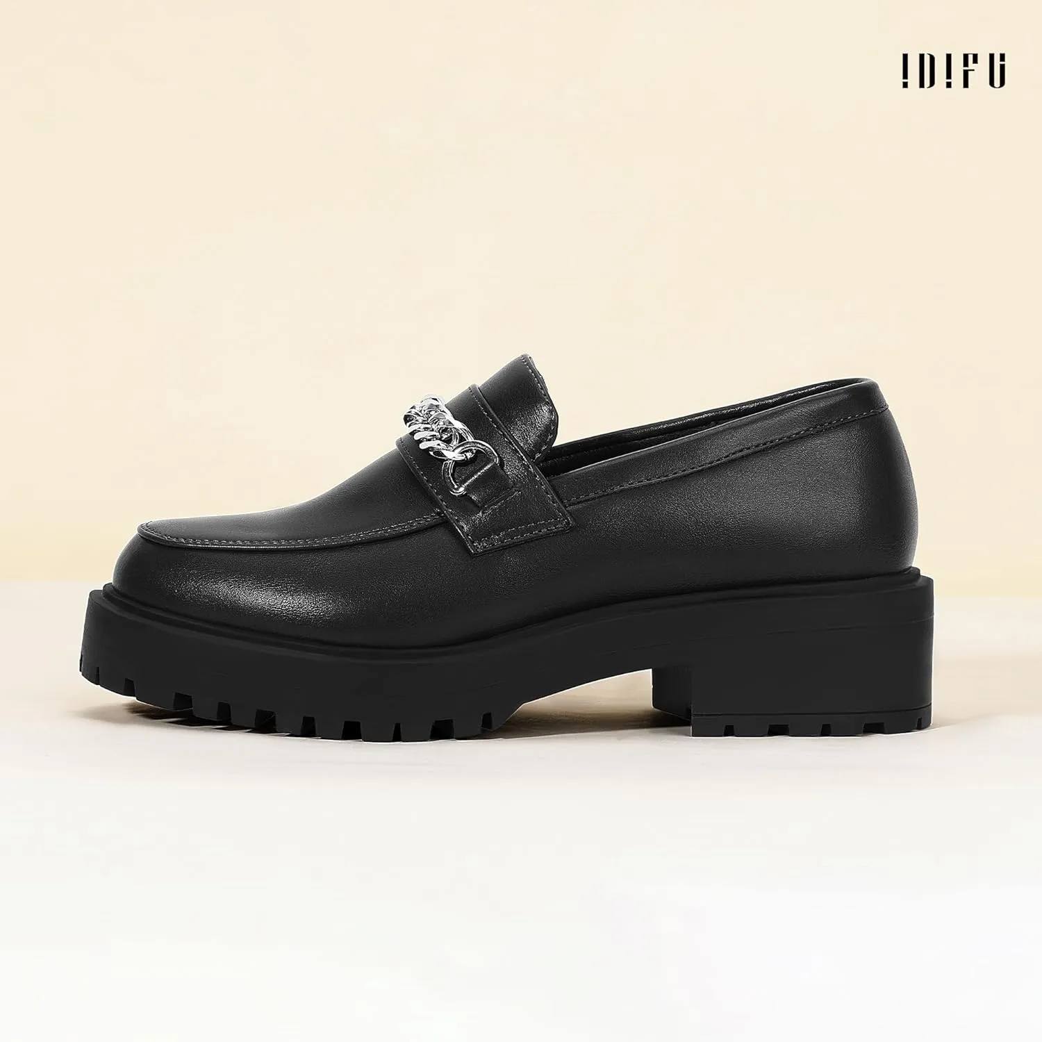 IDIFU IN2 Platform Loafers for Women with Chain Chunky Heel Penny Loafers Comfortable Round Toe Dress Shoes Work Office Business Dressy Fashion Casual Slip On Lug Sole Loafers Shoes