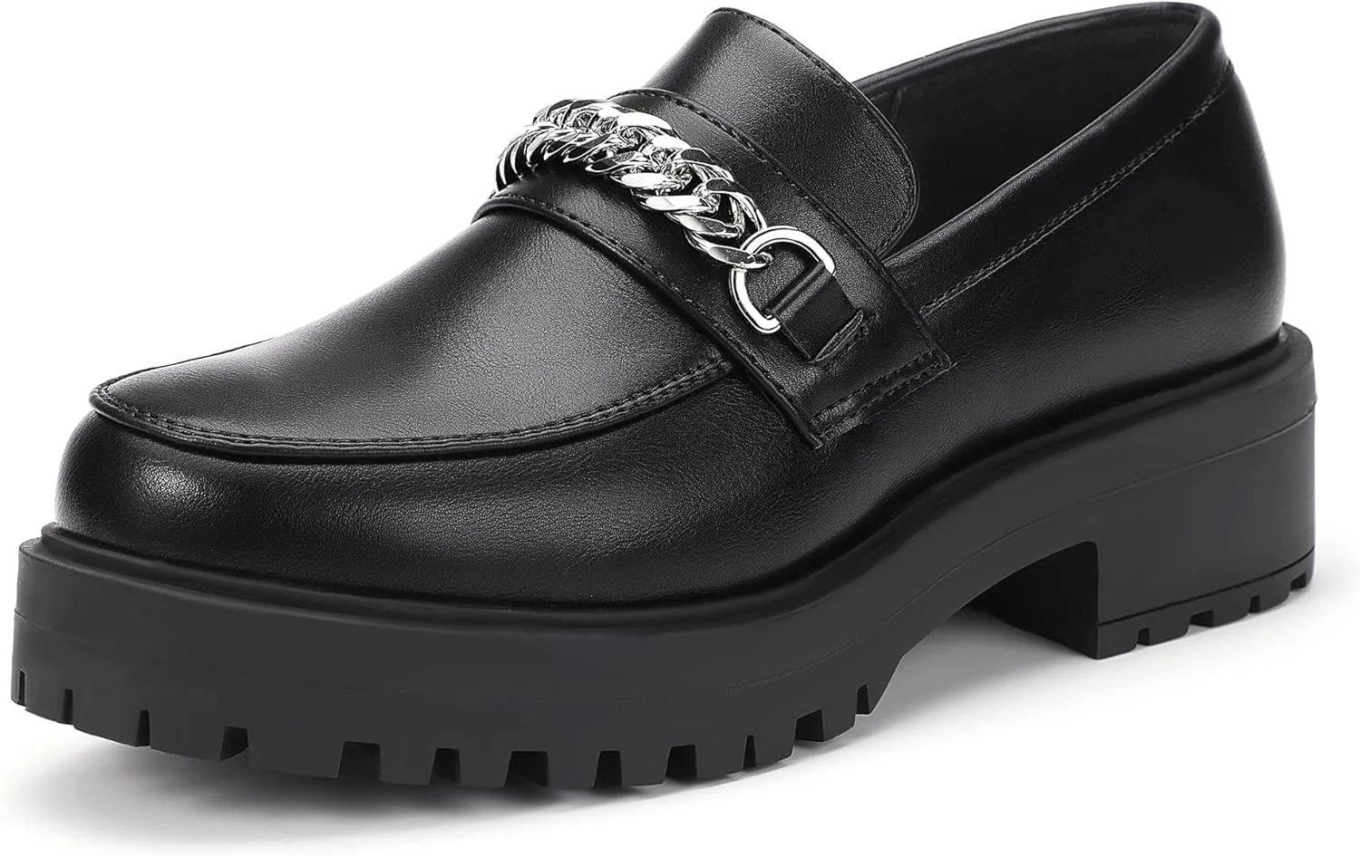 IDIFU IN2 Platform Loafers for Women with Chain Chunky Heel Penny Loafers Comfortable Round Toe Dress Shoes Work Office Business Dressy Fashion Casual Slip On Lug Sole Loafers Shoes