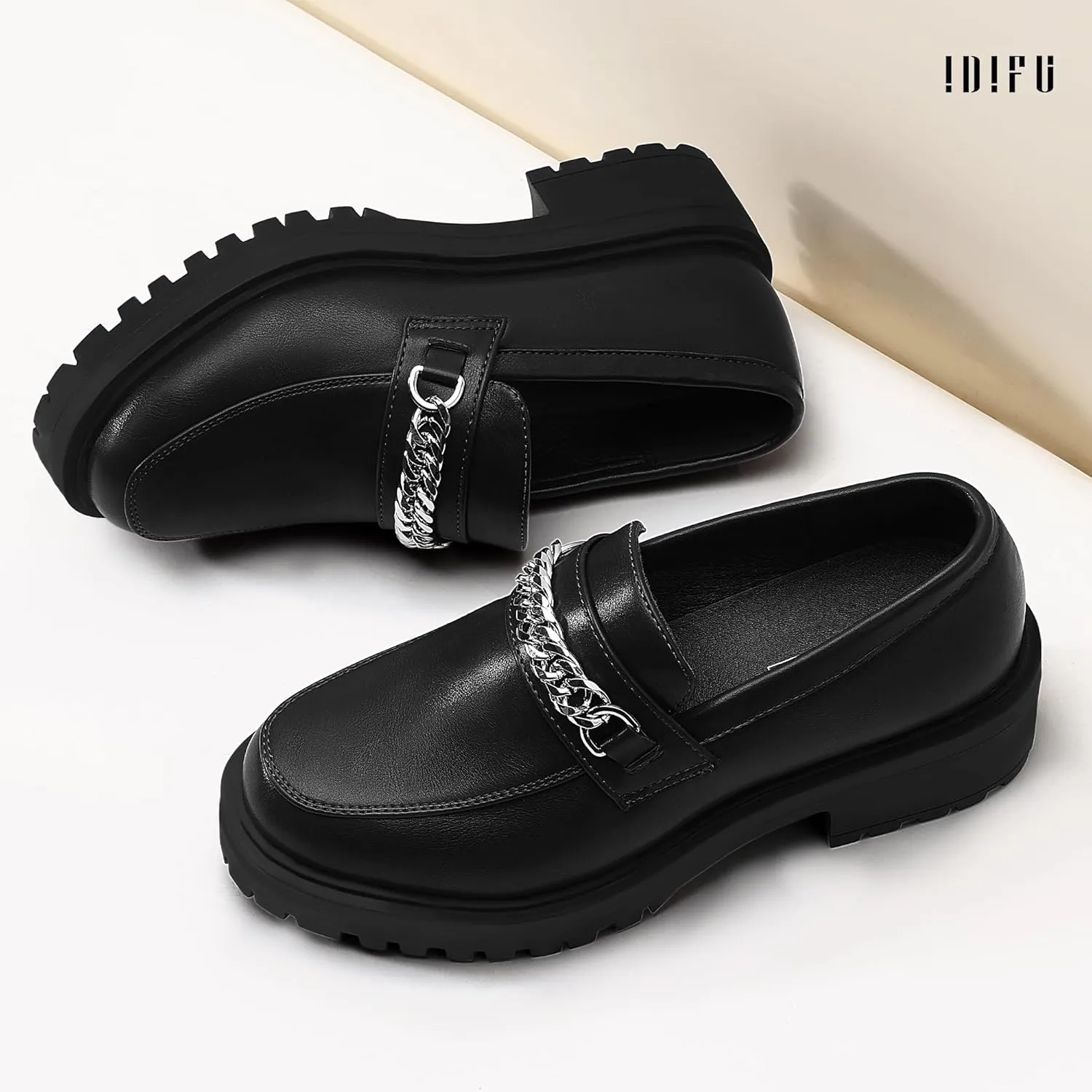 IDIFU IN2 Platform Loafers for Women with Chain Chunky Heel Penny Loafers Comfortable Round Toe Dress Shoes Work Office Business Dressy Fashion Casual Slip On Lug Sole Loafers Shoes