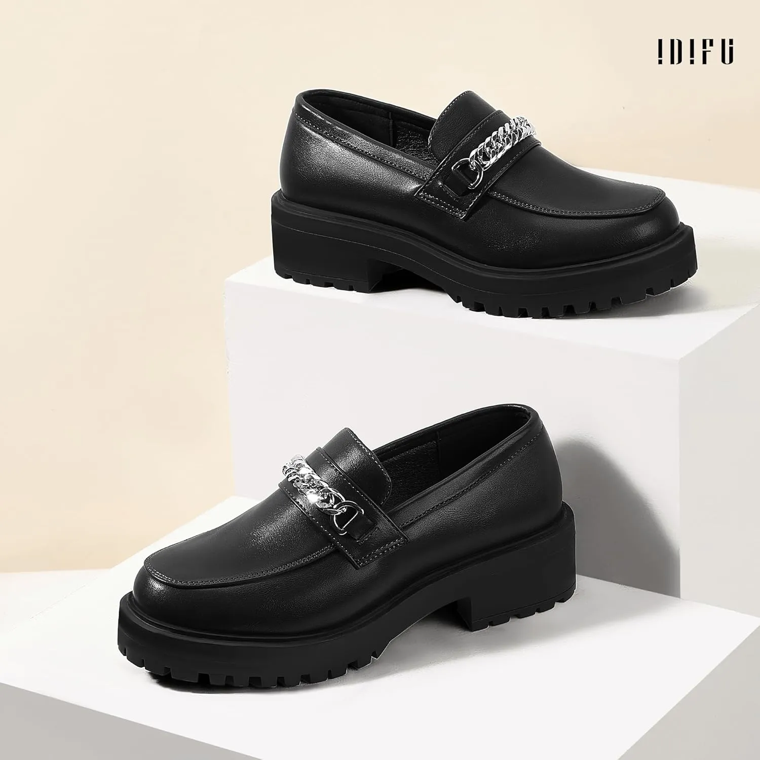 IDIFU IN2 Platform Loafers for Women with Chain Chunky Heel Penny Loafers Comfortable Round Toe Dress Shoes Work Office Business Dressy Fashion Casual Slip On Lug Sole Loafers Shoes