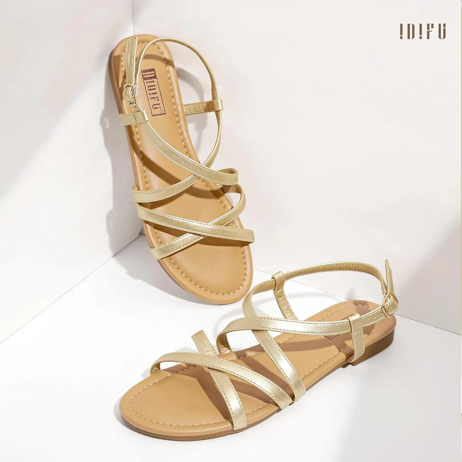 IDIFU Strappy Sandals for Women Open Toe Slingback Ankle Strap Flat Sandals Summer Beach Wedding Bridal Prom Party Work Office Dress Sandals Comfortable Trendy Casual Dressy Sandals