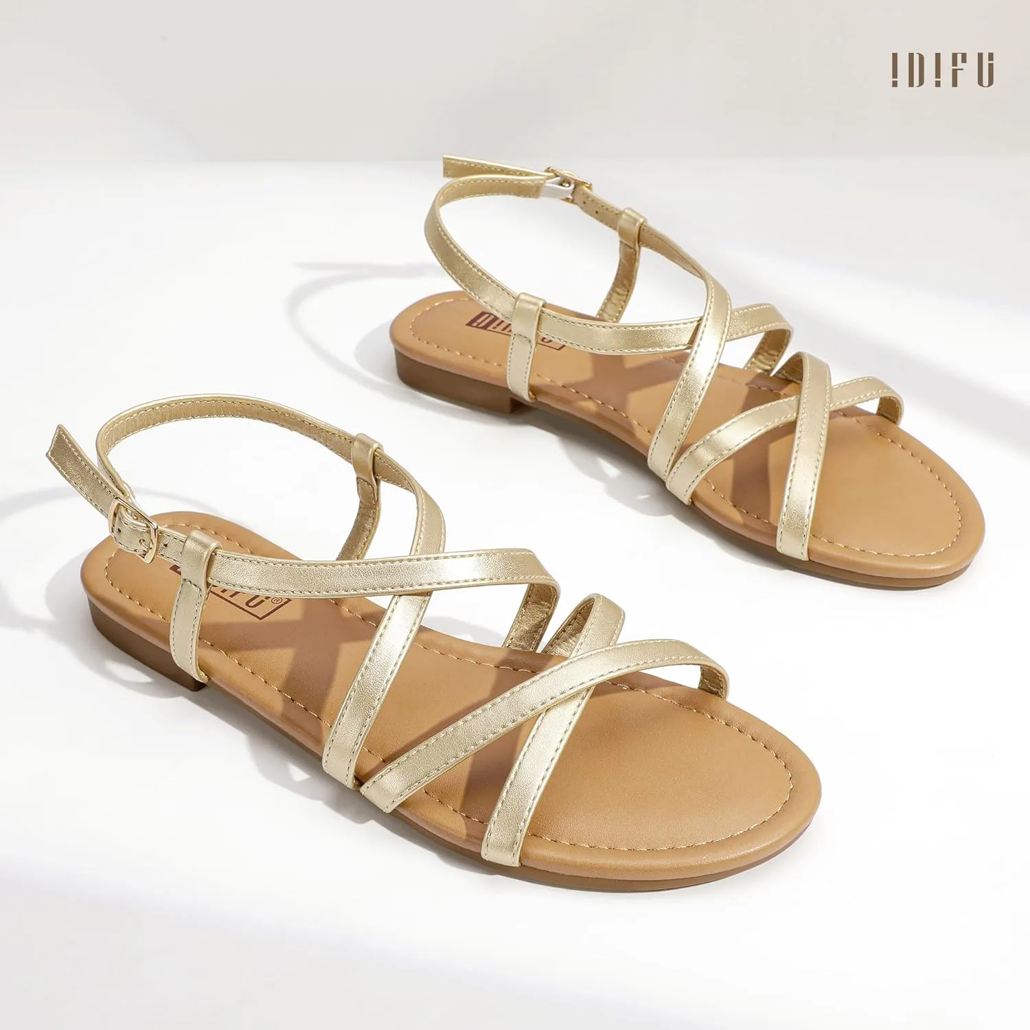 IDIFU Strappy Sandals for Women Open Toe Slingback Ankle Strap Flat Sandals Summer Beach Wedding Bridal Prom Party Work Office Dress Sandals Comfortable Trendy Casual Dressy Sandals