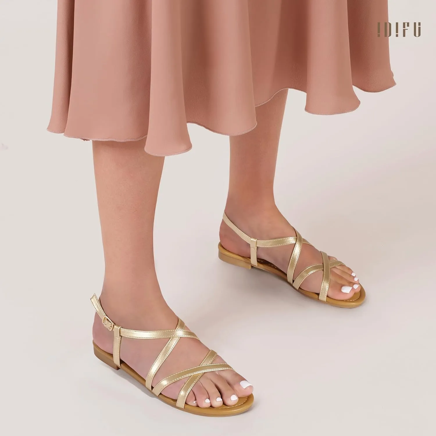 IDIFU Strappy Sandals for Women Open Toe Slingback Ankle Strap Flat Sandals Summer Beach Wedding Bridal Prom Party Work Office Dress Sandals Comfortable Trendy Casual Dressy Sandals