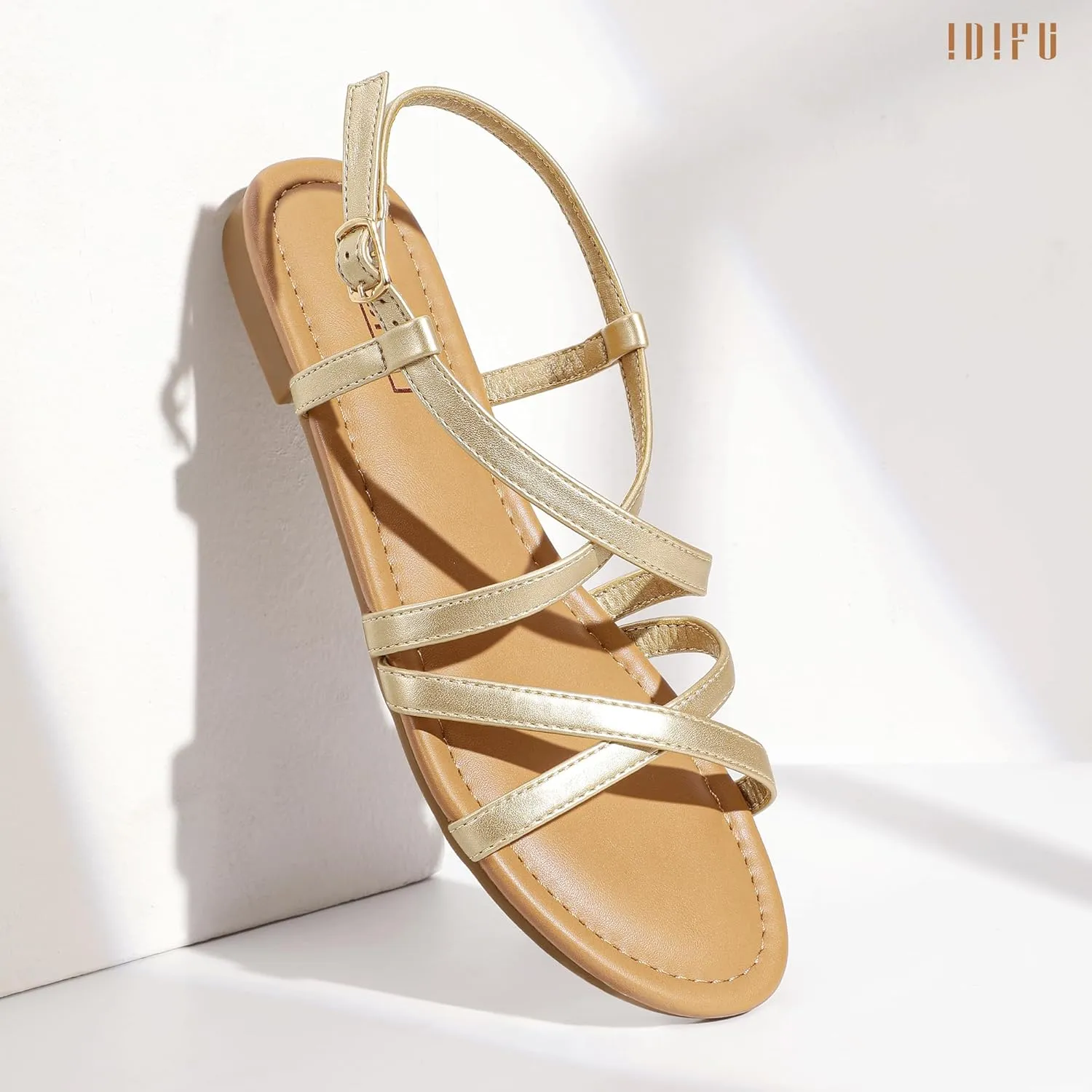 IDIFU Strappy Sandals for Women Open Toe Slingback Ankle Strap Flat Sandals Summer Beach Wedding Bridal Prom Party Work Office Dress Sandals Comfortable Trendy Casual Dressy Sandals