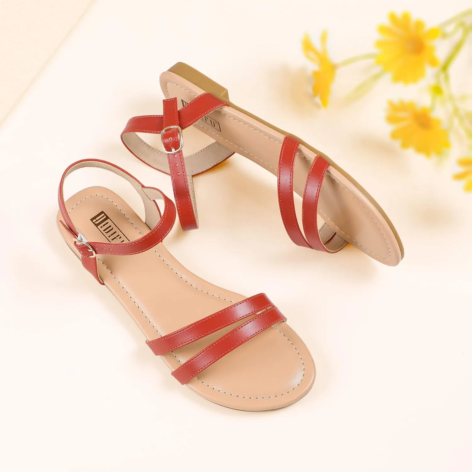 IDIFU Women's Flat Sandals Dressy Summer Strappy Sandals Open Toe Slingback Ankle Strap Dress Sandals with Two Toe Strap Wedding Prom Beach Bride Bridesmaid Sandals Comfortable Fashion Cute Sandals