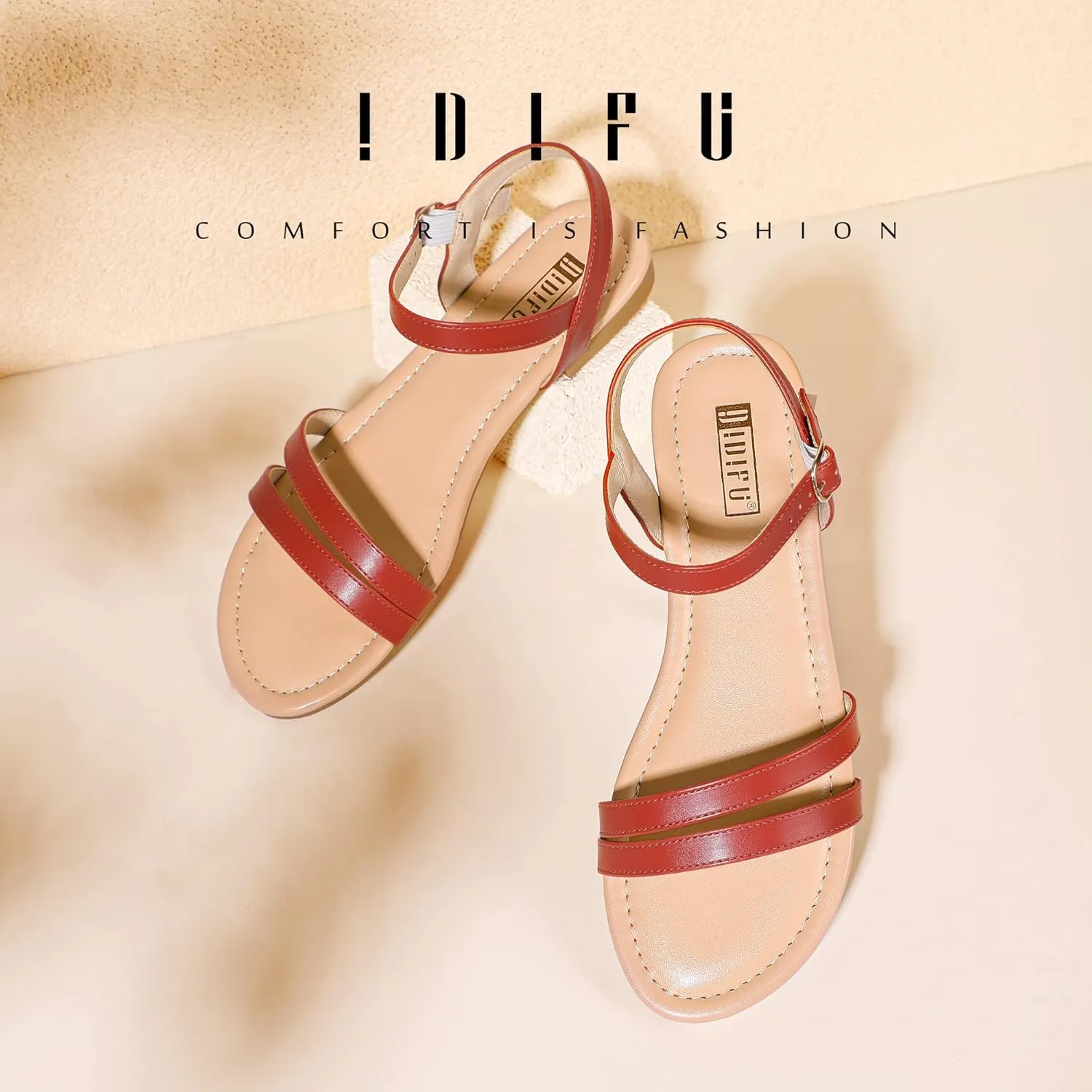 IDIFU Women's Flat Sandals Dressy Summer Strappy Sandals Open Toe Slingback Ankle Strap Dress Sandals with Two Toe Strap Wedding Prom Beach Bride Bridesmaid Sandals Comfortable Fashion Cute Sandals