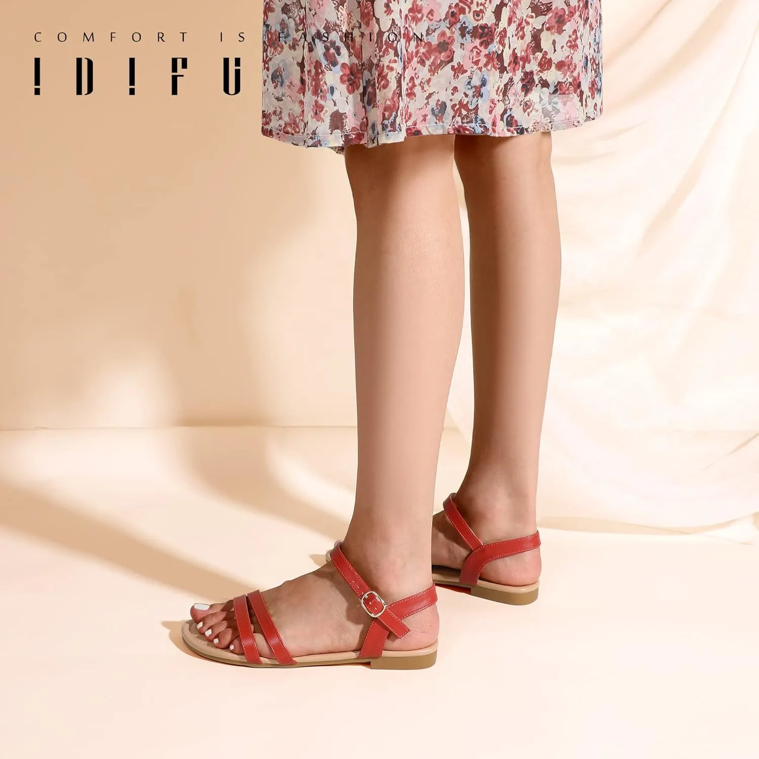 IDIFU Women's Flat Sandals Dressy Summer Strappy Sandals Open Toe Slingback Ankle Strap Dress Sandals with Two Toe Strap Wedding Prom Beach Bride Bridesmaid Sandals Comfortable Fashion Cute Sandals