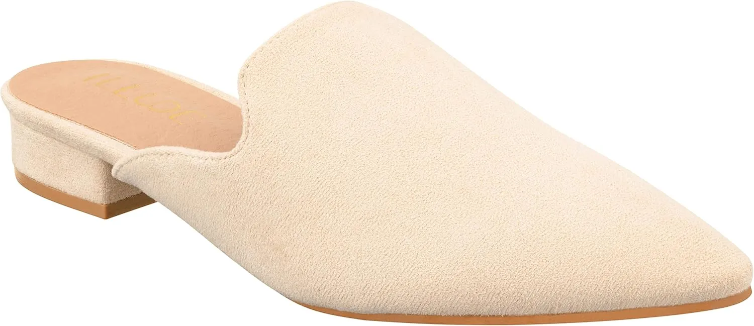 ILLUDE Women's Flat Mules Pointed Toe Backless Slip on Slides Loafer Shoes