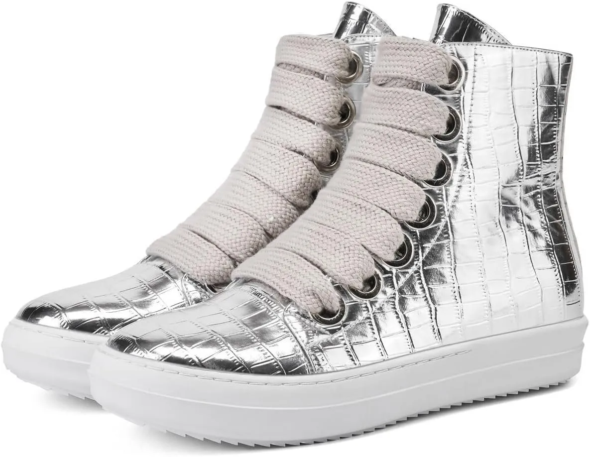 IMPREMEY Women's High Top Sneakers Lace Up Crocodile Leather Shoes Leather Comfort Platform Walking Shoes with Zipper