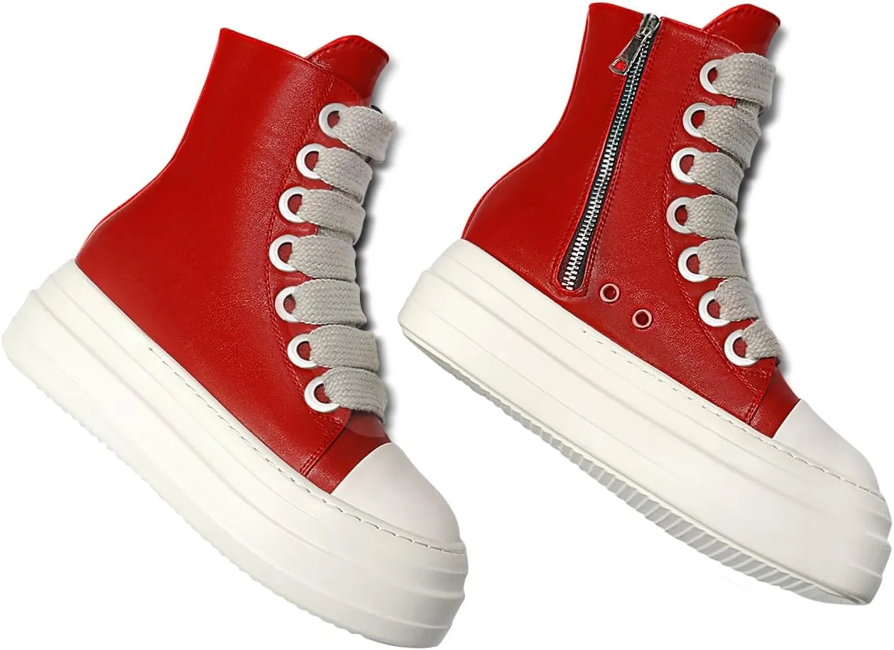 IMPREMEY Women's High Top Sneakers Lace Up PU Leather Shoes with Thick Soles and Zipper Rough Tape, Fashionable Walking Shoes