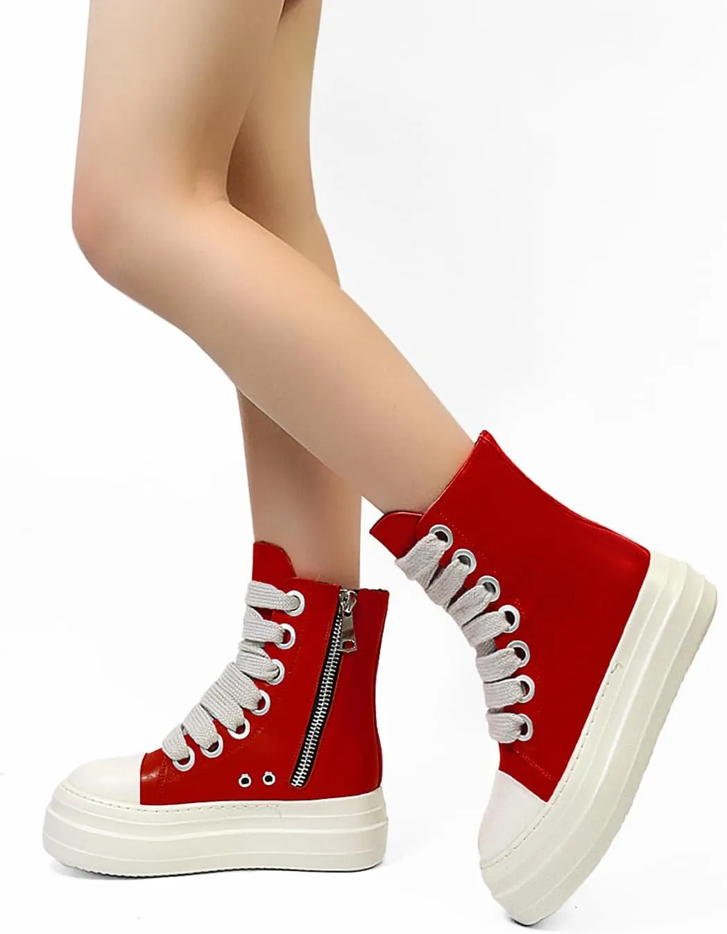 IMPREMEY Women's High Top Sneakers Lace Up PU Leather Shoes with Thick Soles and Zipper Rough Tape, Fashionable Walking Shoes