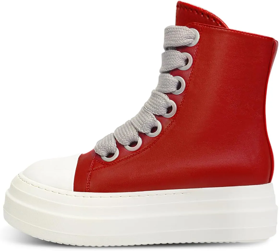 IMPREMEY Women's High Top Sneakers Lace Up PU Leather Shoes with Thick Soles and Zipper Rough Tape, Fashionable Walking Shoes