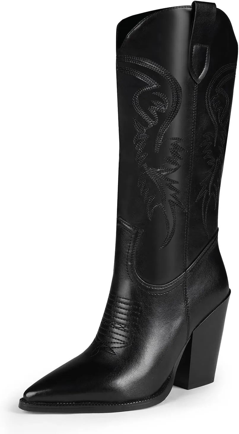 ISNOM Cowboy Boots Cowgir Boots for Women, Pointed Toe Chunky Heel Western Boots