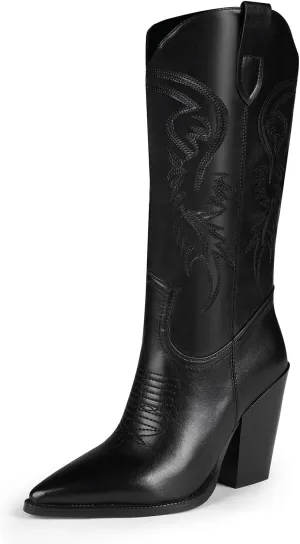 ISNOM Cowboy Boots Cowgir Boots for Women, Pointed Toe Chunky Heel Western Boots