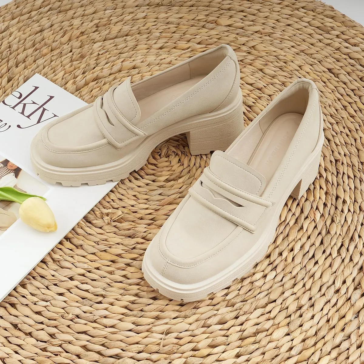 JENN ARDOR Chunky Block Heel Loafers for Women Closed Round Toe Platform Pumps Slip On Dress Shoes Wedding Party Office Lady Shoes