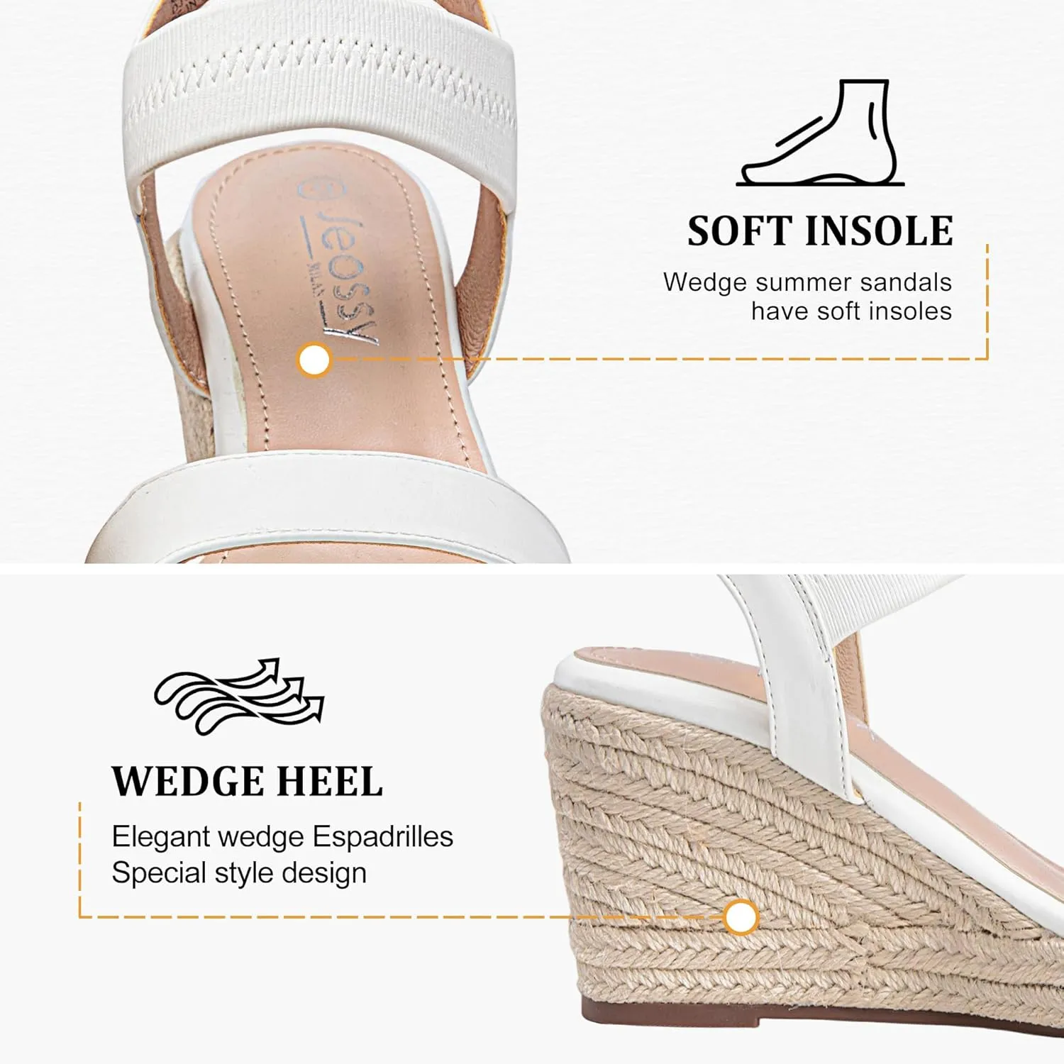 Jeossy Women's Wedge Platform Black Sandals, Espadrille Comfort Elastic Ankle Strap 8801 Sandals