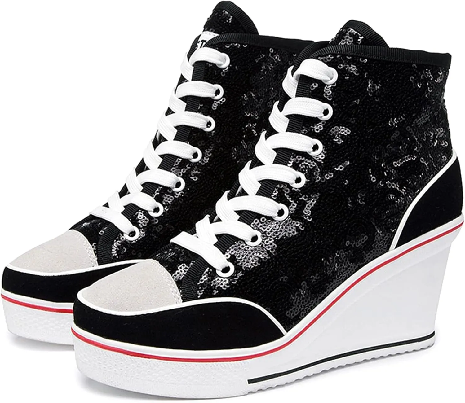 Jiu du Women's Glitter Sneakers Platform Wedge Sneaker Sparkly Sequin High Top Lace Up Sneakers Bling Wedding Dressy Tennis Shoes