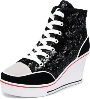 Jiu du Women's Glitter Sneakers Platform Wedge Sneaker Sparkly Sequin High Top Lace Up Sneakers Bling Wedding Dressy Tennis Shoes