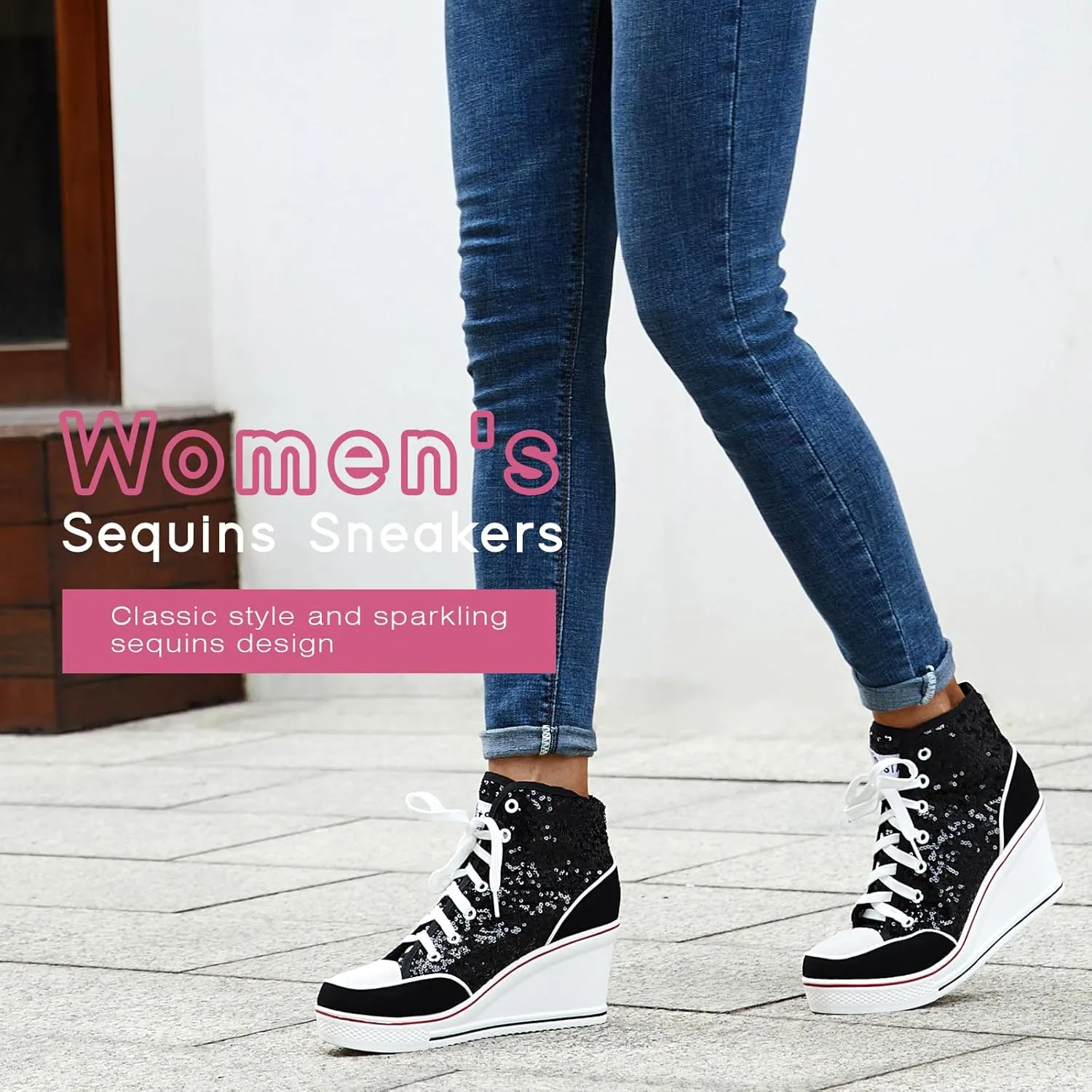 Jiu du Women's Glitter Sneakers Platform Wedge Sneaker Sparkly Sequin High Top Lace Up Sneakers Bling Wedding Dressy Tennis Shoes