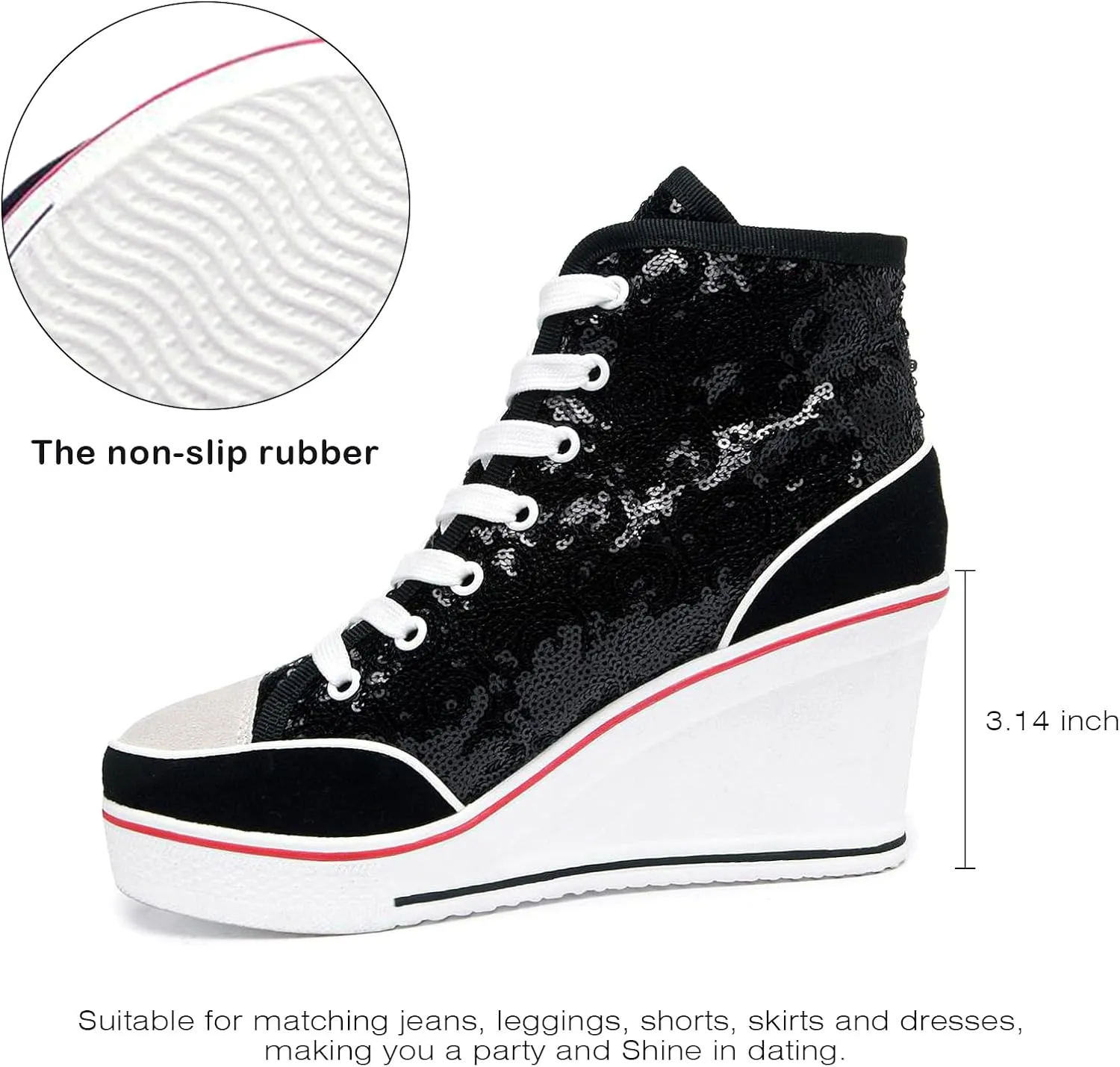 Jiu du Women's Glitter Sneakers Platform Wedge Sneaker Sparkly Sequin High Top Lace Up Sneakers Bling Wedding Dressy Tennis Shoes