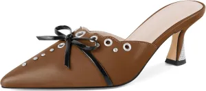 Joseywade Mule Heels For Women Bow Tie Kitten Heels Rhinestone Pointed Toe Studded Slip on Shoes US Size 5-13