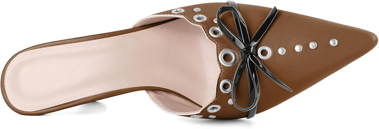 Joseywade Mule Heels For Women Bow Tie Kitten Heels Rhinestone Pointed Toe Studded Slip on Shoes US Size 5-13